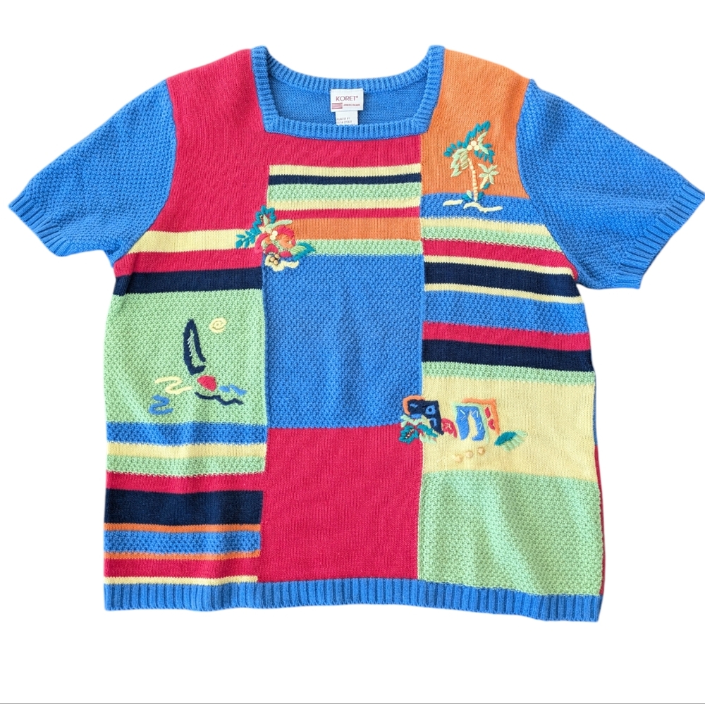 Vintage Koret Francisca Sweater Colorful Embroidered Granny Beach‎ Theme L